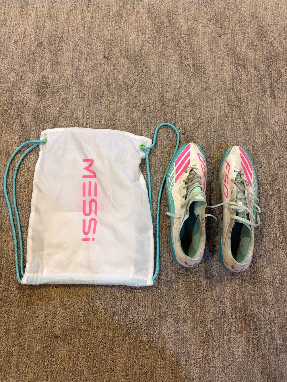 adidas Mens F50 Soccer Cleats in White, Pink & Teal Messi